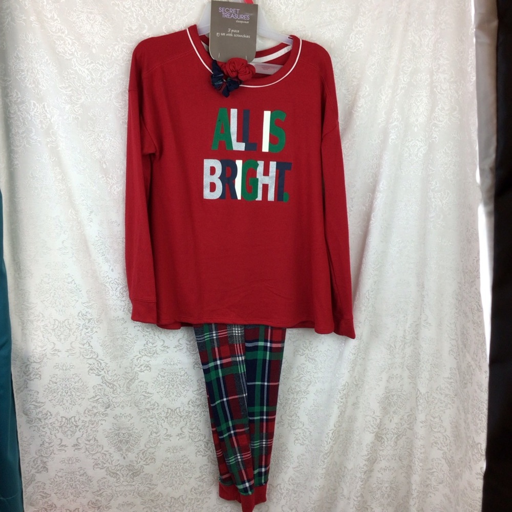 All is Bright 3 Piece Pajama Set Small 4/6 Secret Treasures Holiday PJs NWT